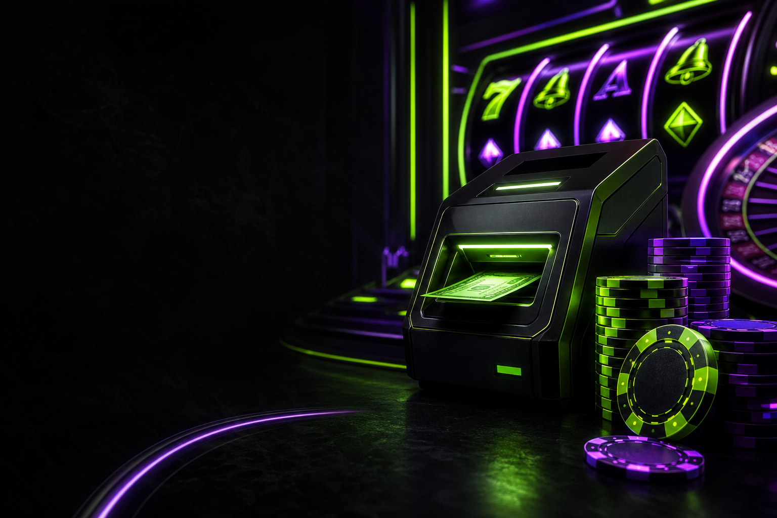 Spinbit neon casino cashier terminal with purple and lime lights